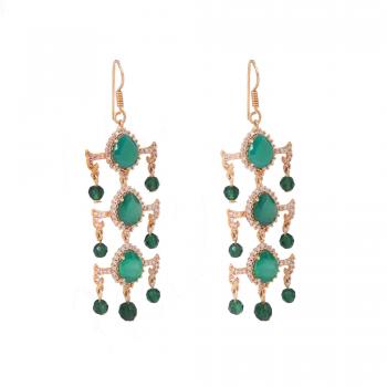 Nickel-Free Gold Plated CZ and Green Onyx Stone Seated Designer Earrings 